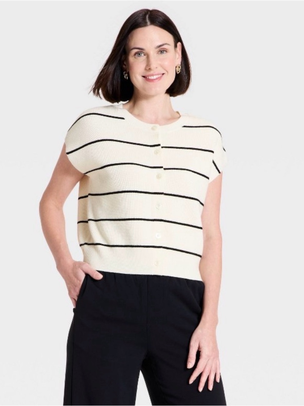 a new day Cream Striped Short-Sleeve Button Front Sweater Vest - NWOT